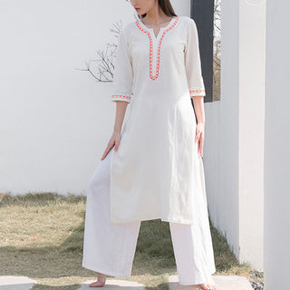 Buddha Gift 2Pcs V-neck Embroidery Yoga Clothing Zen Meditation Cotton Linen Top Pants Women's Set