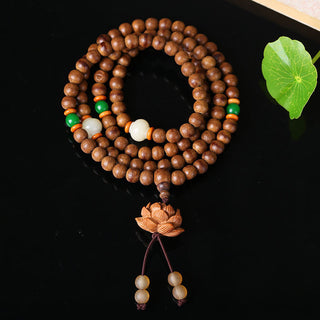 Buddha Gift 108 Mala Beads Peach Wood Bodhi Seed Lotus Prayer Meditation Bracelet