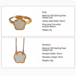 Buddha Gift 925 Sterling Silver Plated Gold Natural Hetian Jade Flower Luck Necklace Pendant Ring Set