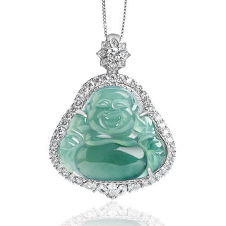 Buddha Gift 925 Sterling Silver Laughing Buddha Natural Jade Luck Abundance Chain Necklace Pendant