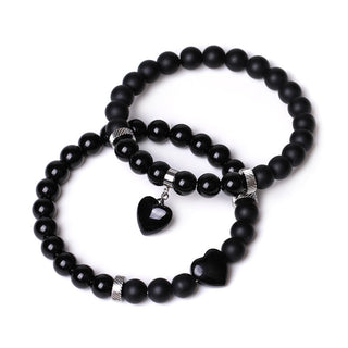Buddha Gift 2Pcs Black Onyx Crystal Stone Love Heart Protection Support Couple Bracelet