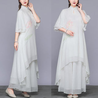 Buddha Gift 2Pcs Lotus Flower Cheongsam Midi Dress Wide Leg Pants Chiffon Zen Women's Set