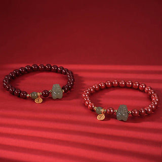 Buddha Gift 925 Sterling Silver Year of the Dragon Natural Cinnabar Hetian Jade Dragon Fu Character Ruyi As One Wishes Charm Blessing Bracelet (Extra 30% Off | USE CODE: FS30)