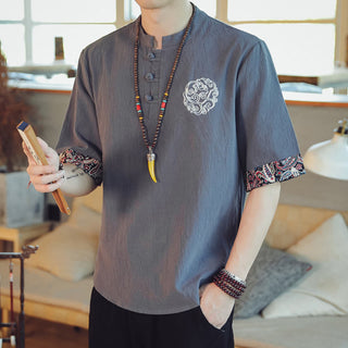 Buddha Gift Frog-Button Dragon Embroidery Chinese Tang Suit Short Sleeve Shirt Linen Men Clothing
