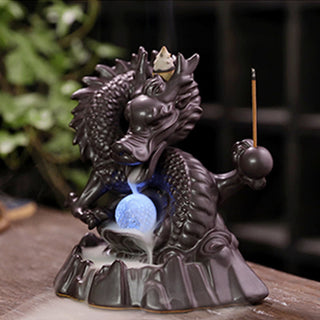 Buddha Gift Auspicious Dragon Ceramic Backflow Smoke Fountain Meditation Healing Incense Burner Led Ball Decoration