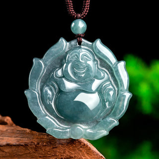 Buddha Gift Natural Jade Laughing Buddha Lotus Pattern Luck Necklace Pendant