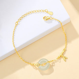 Buddha Gift 925 Sterling Silver Hetian Jade Chalcedony Peace Buckle Bamboo Leaf Prosperity Chain Bracelet