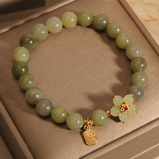Buddha Gift Green Jade Flower Fu Character Charm Luck Bracelet