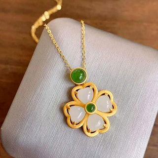 Buddha Gift 925 Sterling Silver Lucky Four Leaf Clover Jade Prosperity Necklace Chain Pendant