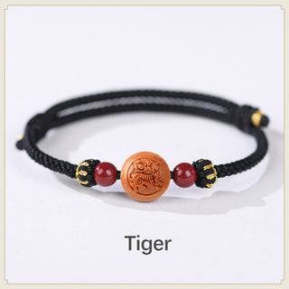 Buddha Gift Natural Peach Wood Chinese Zodiac Fu Character Carved Cinnabar Wealth Bracelet