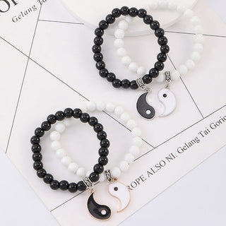 Buddha Gift 2Pcs Black Onyx White Turquoise Bead Yin Yang Protection Couple Bracelet