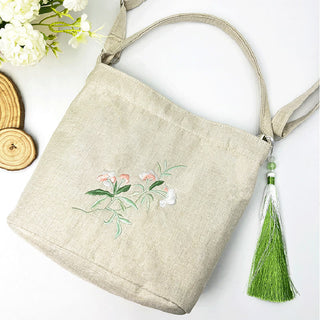 Buddha Gift Embroidery Wisteria Plum Lotus Cherry Blossom Cotton Linen Canvas Tote Crossbody Bag Shoulder Bag Handbag
