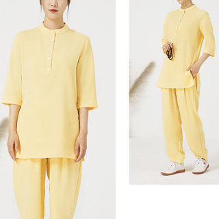 Buddha Gift 2Pcs Solid Color Three Quarter Shirt Top Pants Meditation Zen Tai Chi Cotton Linen Clothing Women's Set