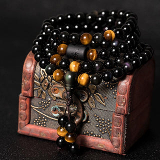 Buddha Gift Natural Black Obsidian Rainbow Obsidian Gourd Blessing Bracelet Mala