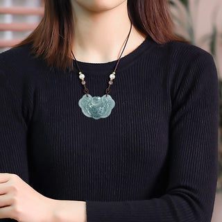 Buddha Gift Natural Jade Peony Flower Lock of Good Wishes Prosperity Necklace Pendant