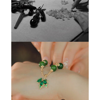 Buddha Gift 14k Gold Plated Green Chalcedony Maple Leaf Courage Strength Bracelet