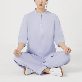 Buddha Gift 2Pcs Solid Color Three Quarter Shirt Top Pants Meditation Zen Tai Chi Cotton Linen Clothing Women's Set