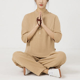 Buddha Gift 2Pcs Buttons Three Quarter Sleeve Shirt Top Pants Meditation Zen Tai Chi Cotton Linen Clothing Women's Set