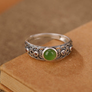 Buddha Gift 925 Sterling Silver Hetian Cyan Jade Harmony Adjustable Ring