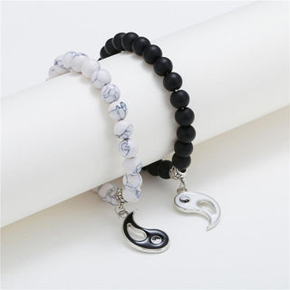 Buddha Gift 2pcs Natural Black Onyx White Turquoise Bead Yin Yang Couple Bracelet
