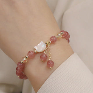 Buddha Gift Natural Strawberry Quartz Morganite Tridacna Stone Cat Love Bracelet