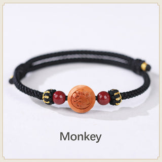 Buddha Gift Natural Peach Wood Chinese Zodiac Fu Character Carved Cinnabar Wealth Bracelet