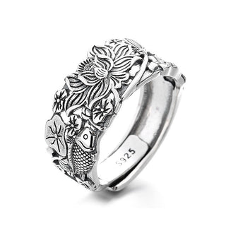 Buddha Gift 925 Sterling Silver Koi Fish Lotus Flower Prosperity Ring