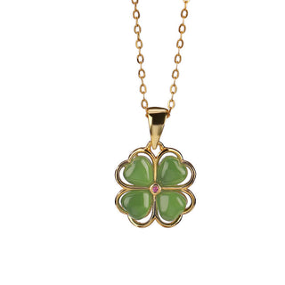 Buddha Gift 925 Sterling Silver Hetian Cyan Jade Lucky Four Leaf Clover Healing Necklace Pendant