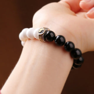 Buddha Gift 925 Sterling Silver Black Obsidian White Shell Yin Yang Strength Bracelet
