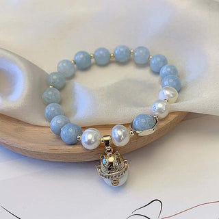 Buddha Gift Aquamarine Pearl Peace Healing Lucky Cat Charm Bracelet