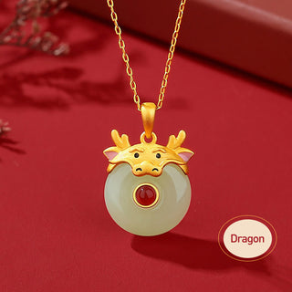 Buddha Gift 925 Sterling Silver Hetian Jade Chinese Zodiac Year of the Dragon Red Agate Luck Protection Necklace Pendant (Extra 30% Off | USE CODE: FS30)