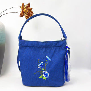 Buddha Gift Embroidery Wisteria Plum Lotus Cherry Blossom Cotton Linen Canvas Tote Crossbody Bag Shoulder Bag Handbag