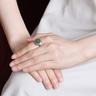 Buddha Gift 925 Sterling Silver Hetian Cyan Jade Flower Design Luck Adjustable Ring