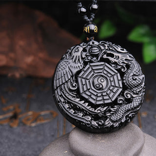 Buddha Gift Bagua Dragon Phoenix Obsidian Fulfilment Pendant Necklace