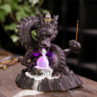 Buddha Gift Auspicious Dragon Ceramic Backflow Smoke Fountain Meditation Healing Incense Burner Led Ball Decoration