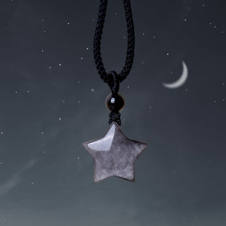 Buddha Gift Natural Silver Sheen Obsidian Star Crescent Moon Protection Necklace Pendant