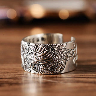 Buddha Gift 999 Sterling Silver Dragon Carved Pattern Protection Success Ring