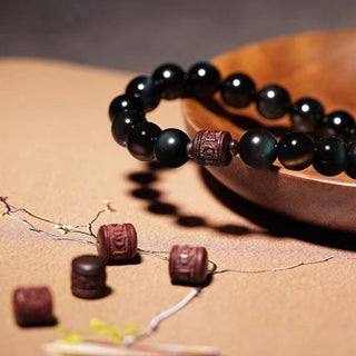 Buddha Gift Natural Gold Sheen Obsidian Rainbow Obsidian Om Mani Padme Hum Fu Character Healing Bracelet