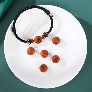 Buddha Gift Natural Peach Wood Chinese Zodiac Fu Character Carved Cinnabar Wealth Bracelet