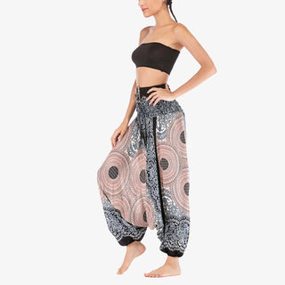 Buddha Gift Two Style Wear Round Geometric Pattern Loose Smocked Harem Trousers Jumpsuit High Waist Women's Yoga Pants
