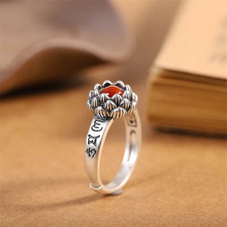 Buddha Gift925 Sterling Silver Lotus Red Agate Confidence Blessing Ring