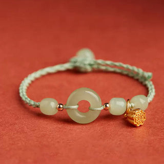 Buddha Gift Round Peace Buckle Jade Lotus Happiness Abundance Wealth String Bracelet