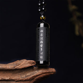 Buddha Gift Natural Black Obsidian Heart Sutra Purification Necklace Pendant