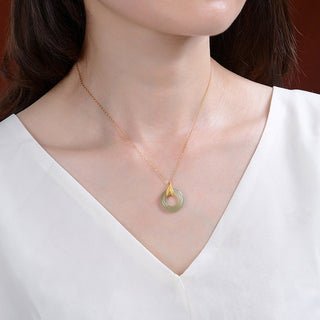 Buddha Gift 925 Sterling Silver Cyan Jade Peace Buckle Bamboo Leaf Harmony Necklace Pendant