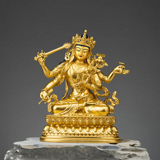 Buddha Gift Four-armed Manjusri Bodhisattva Gold Figurine Compassion Serenity Copper Statue Home Decoration