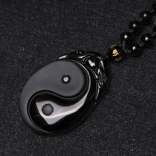Buddha Gift Natural Black Obsidian Yin Yang Fulfilment Strength Necklace Pendant
