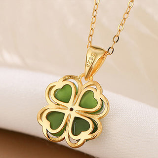 Buddha Gift 925 Sterling Silver Hetian Cyan Jade Lucky Four Leaf Clover Healing Necklace Pendant