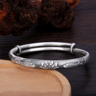 Buddha Gift 999 Sterling Silver Koi Fish Lotus Wealth Luck Bracelet Bangle