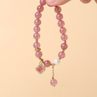 Buddha Gift Strawberry Quartz Pearl Four Leaf Clover Charm Healing Bracelet