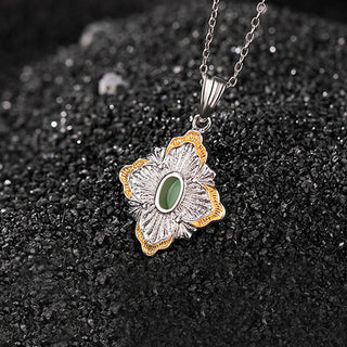 Buddha Gift 925 Sterling Silver Plated Gold Hetian Cyan Jade Rhombus Design Luck Healing Necklace Pendant